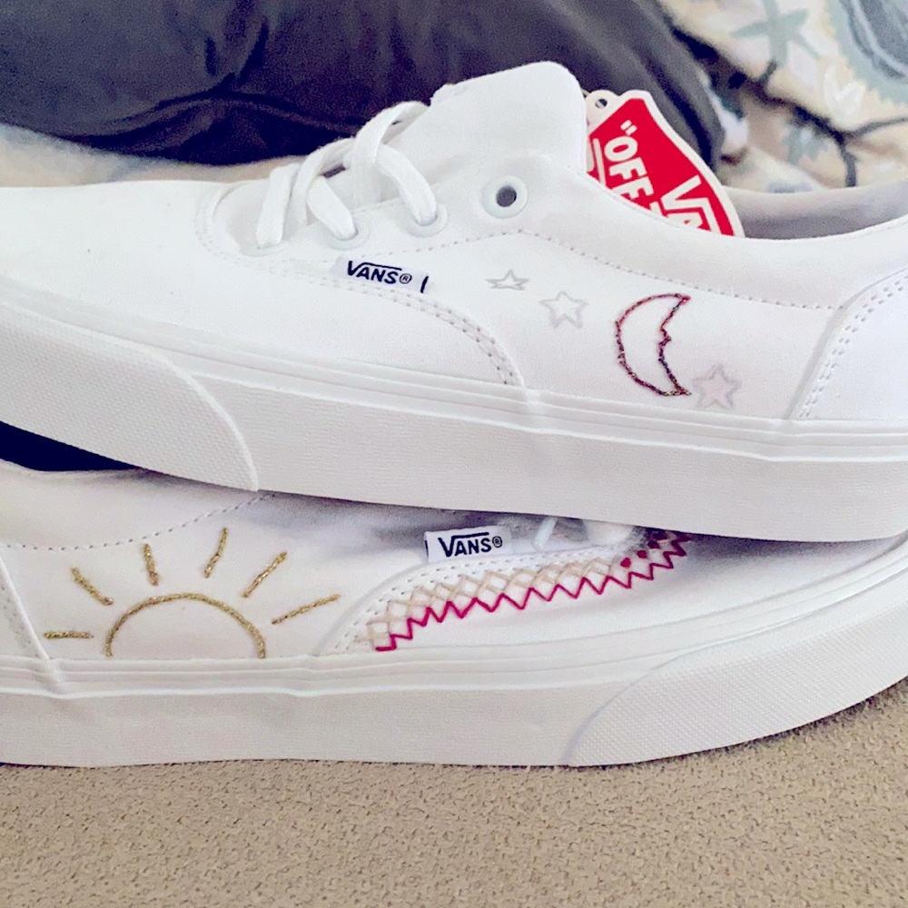 Brand new triple white Vans! Embroidered Shoes
